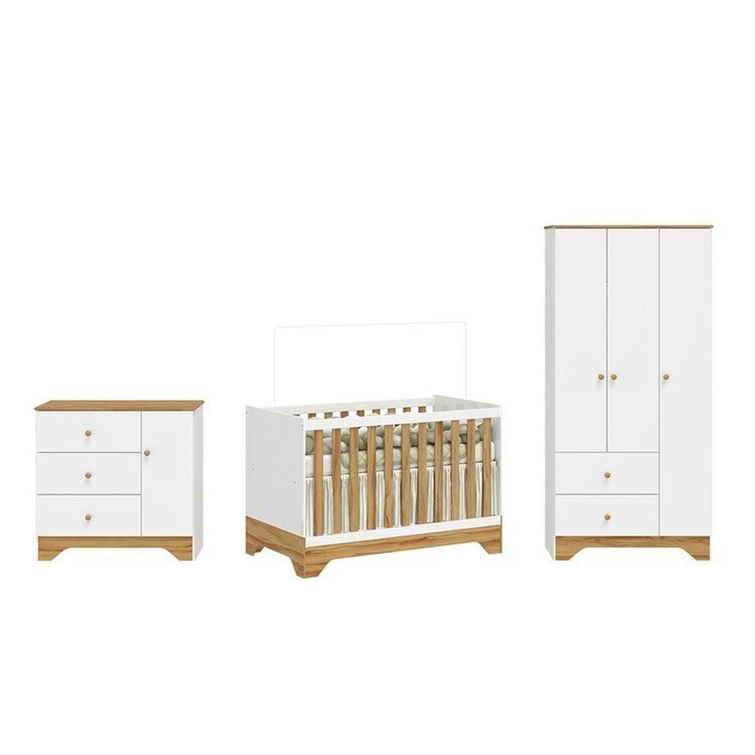 Encontraproduto.com.br - Quarto de Bebê Completo Guarda-roupa e Cômoda e Berço Minicama 100% Mdf Ravy Espresso Móveis Branco Brilho/Amêndoa
