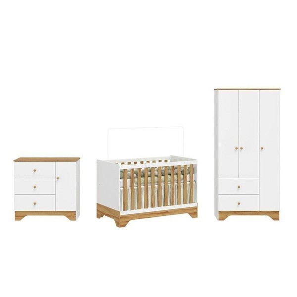 Encontraproduto.com.br - Quarto de Bebê Completo Guarda-roupa e Cômoda e Berço Minicama 100% Mdf Ravy Espresso Móveis Branco Brilho/Amêndoa