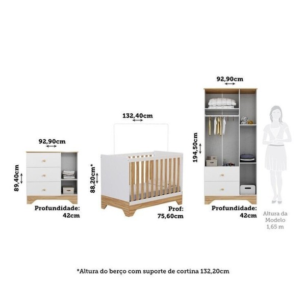 Encontraproduto.com.br - Quarto de Bebê Completo Guarda-roupa e Cômoda e Berço Minicama 100% Mdf Ravy Espresso Móveis Branco Brilho/Amêndoa