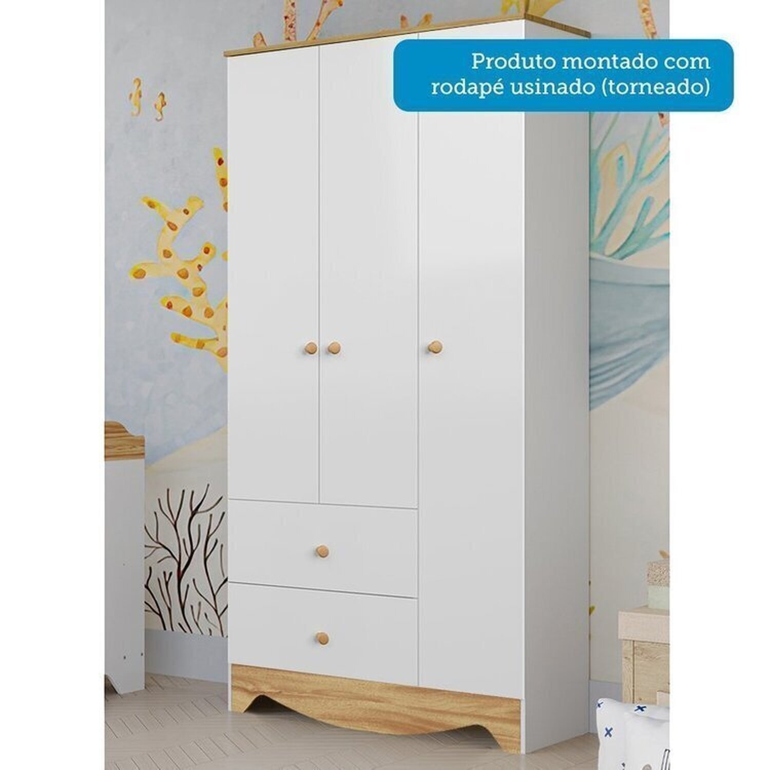 Encontraproduto.com.br - Quarto de Bebê Completo Guarda-roupa e Cômoda e Berço Minicama 100% Mdf Ravy Espresso Móveis Branco Brilho/Amêndoa