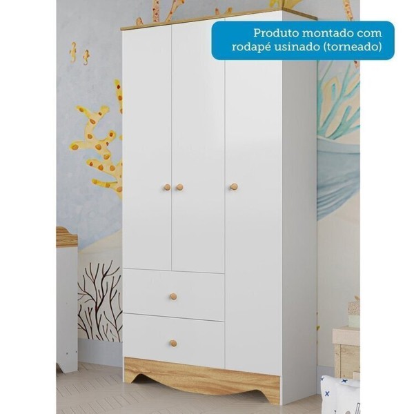 Encontraproduto.com.br - Quarto de Bebê Completo Guarda-roupa e Cômoda e Berço Minicama 100% Mdf Ravy Espresso Móveis Branco Brilho/Amêndoa