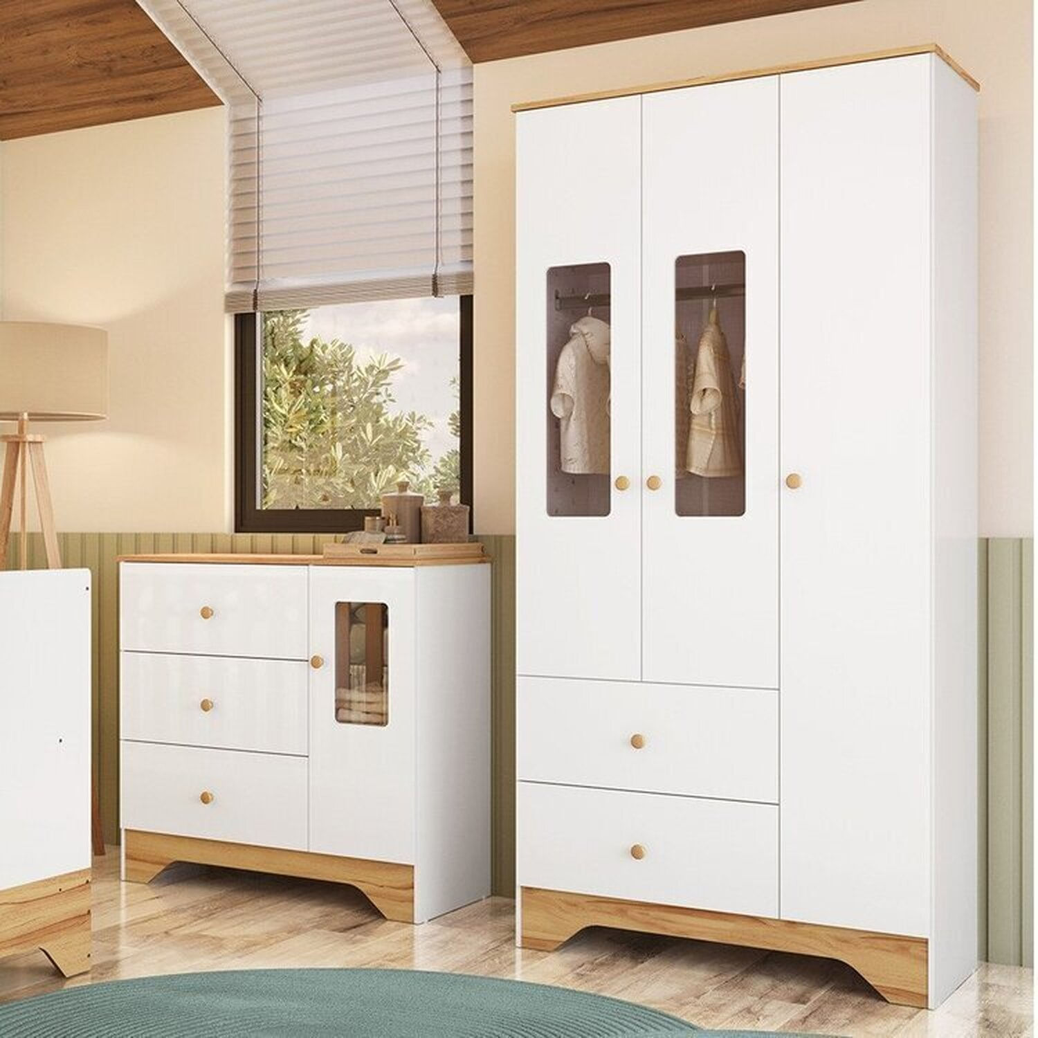 Quarto Infantil com Guarda roupa 3 Portas e Cômoda com Janelas 100% Mdf Cocada Espresso Móveis Branco Brilho/Amêndoa