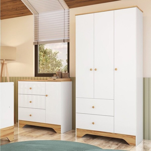 Encontraproduto.com.br - Quarto Infantil com Guarda-roupa 3 Portas e Cômoda com Janelas 100% Mdf Cocada Espresso Móveis Branco Brilho/Amêndoa