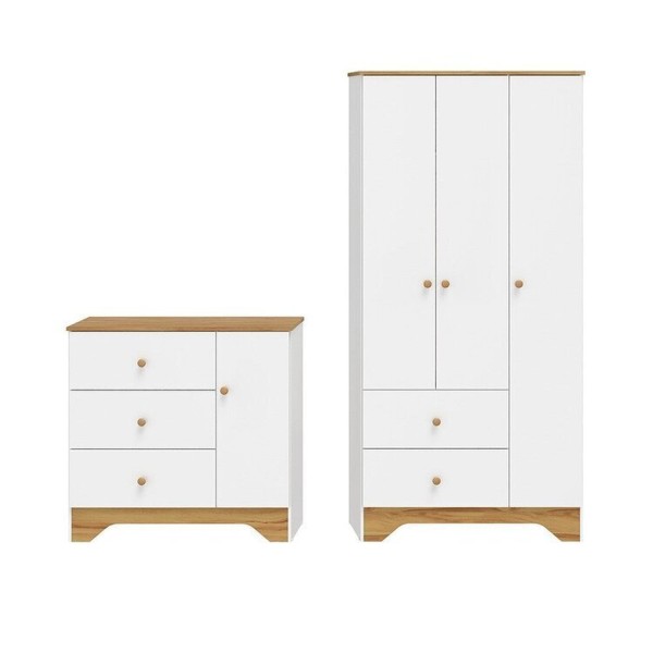 Encontraproduto.com.br - Quarto Infantil com Guarda-roupa 3 Portas e Cômoda com Janelas 100% Mdf Cocada Espresso Móveis Branco Brilho/Amêndoa