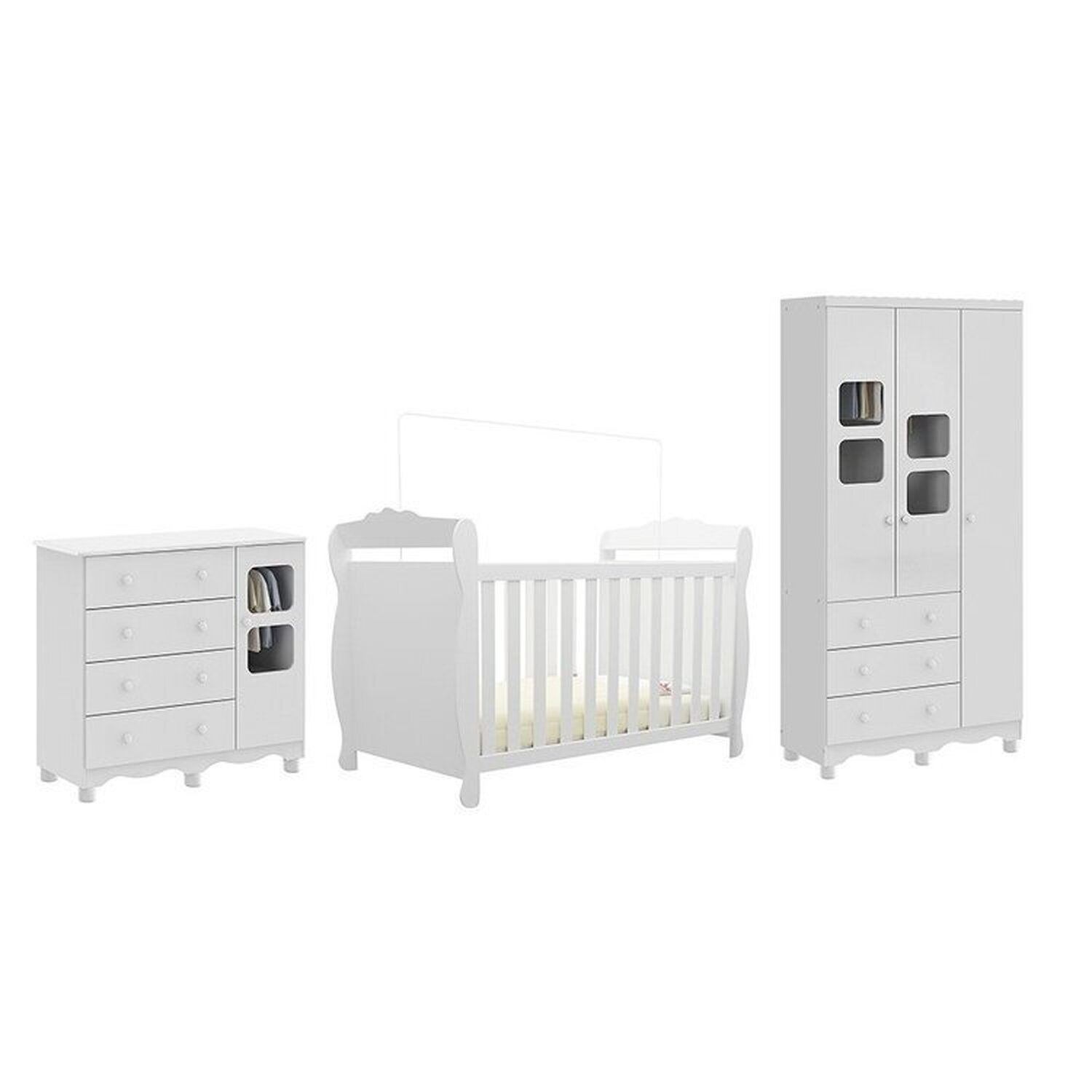 Encontraproduto.com.br - Quarto de Bebê com Guarda Roupa e Cômoda com Janelas e Berço Americano Nina 100% Mdf Espresso Móveis/ Branco Brilho