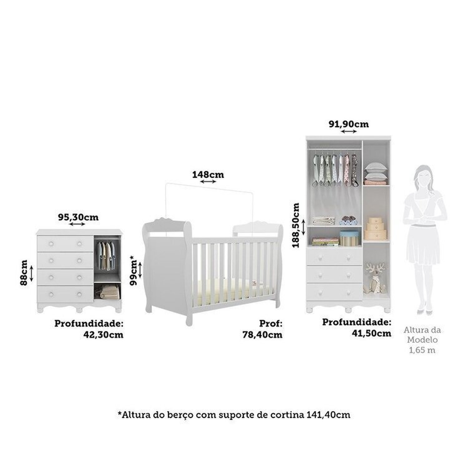 Encontraproduto.com.br - Quarto de Bebê com Guarda Roupa e Cômoda com Janelas e Berço Americano Nina 100% Mdf Espresso Móveis/ Branco Brilho