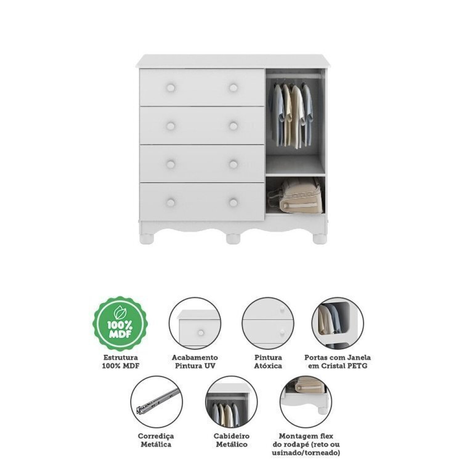 Encontraproduto.com.br - Quarto de Bebê com Guarda Roupa e Cômoda com Janelas e Berço Americano Nina 100% Mdf Espresso Móveis/ Branco Brilho