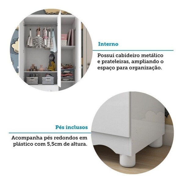 Encontraproduto.com.br - Quarto de Bebê com Guarda Roupa 3 Portas com Janelas e Berço Americano Nina 100% Mdf Espresso Móveis Branco Brilho