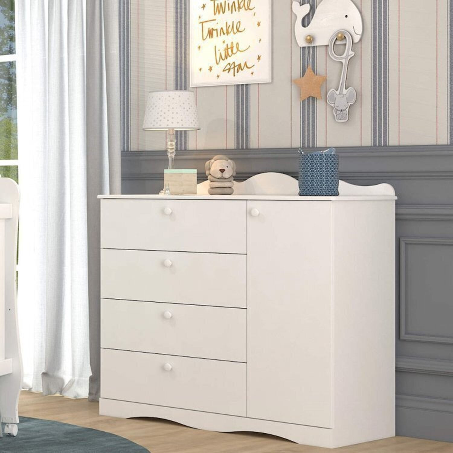 Encontraproduto.com.br - Quarto de Bebê 3 Peças com Berço e Cômoda 4 Gavetas e Guarda-roupa 4 Portas 4 Gavetas Aquarela Espre Branco