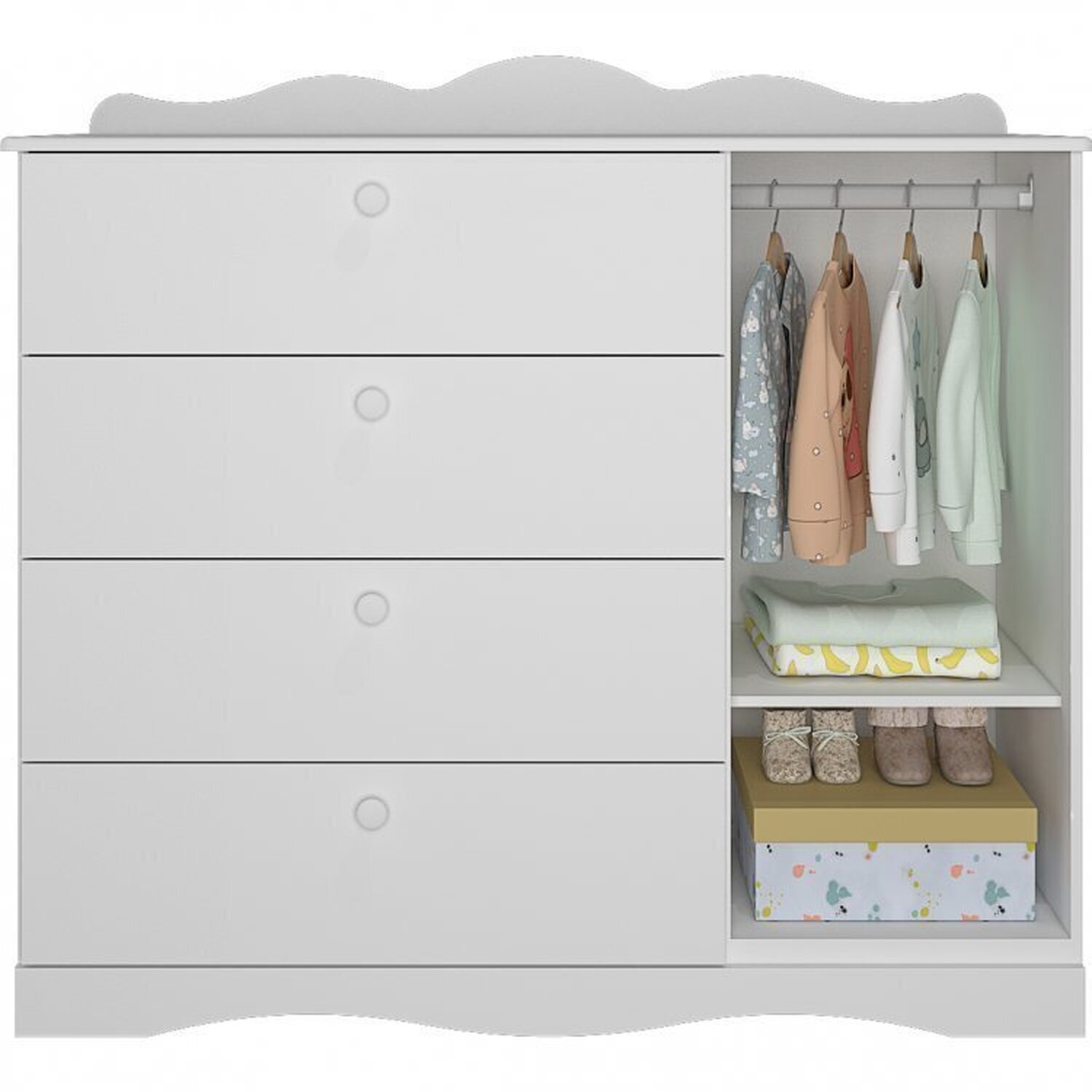 Encontraproduto.com.br - Quarto de Bebê 3 Peças com Berço e Cômoda 4 Gavetas e Guarda-roupa 4 Portas 4 Gavetas Aquarela Espre Branco