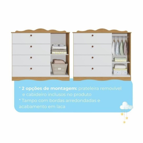 Encontraproduto.com.br - Quarto de Bebê 3 Peças com Berço e Cômoda 4 Gavetas e Guarda-roupa 4 Portas 4 Gavetas Aquarela Espre Nature/Branco