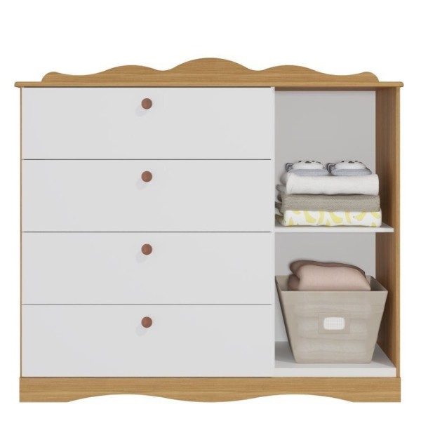Encontraproduto.com.br - Quarto de Bebê 3 Peças com Berço e Cômoda 4 Gavetas e Guarda-roupa 4 Portas 4 Gavetas Aquarela Espre Nature/Branco