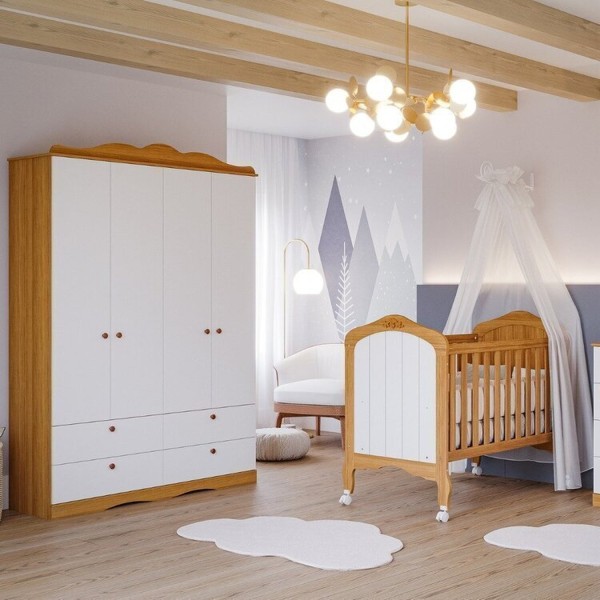 Quarto de Bebê 2 Peças com Berço e Guarda-roupa 4 Portas 4 Gavetas Aquarela Espresso Móveis Nature/Branco
