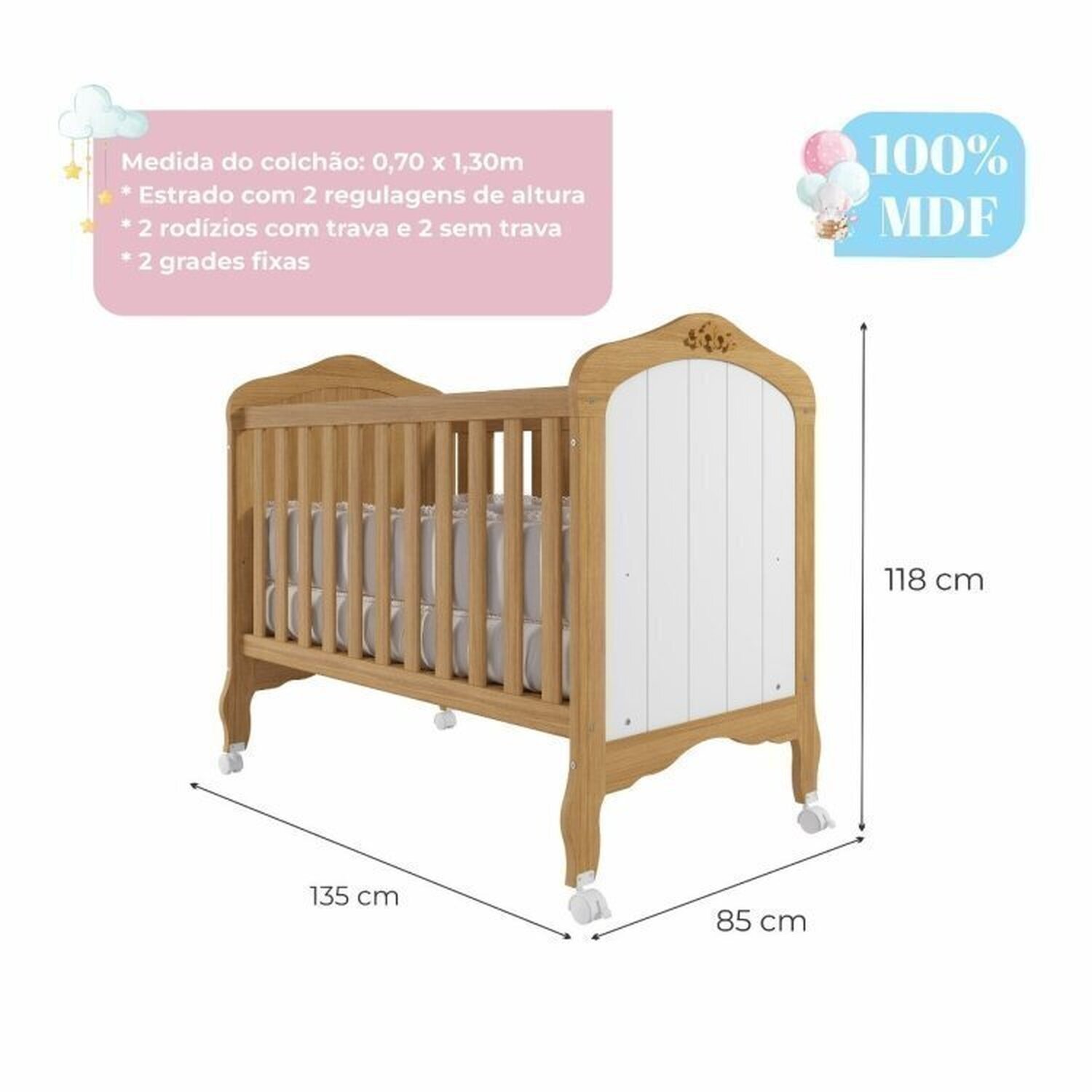 Encontraproduto.com.br - Quarto de Bebê 2 Peças com Berço e Guarda-roupa 4 Portas 4 Gavetas Aquarela Espresso Móveis Nature/Branco