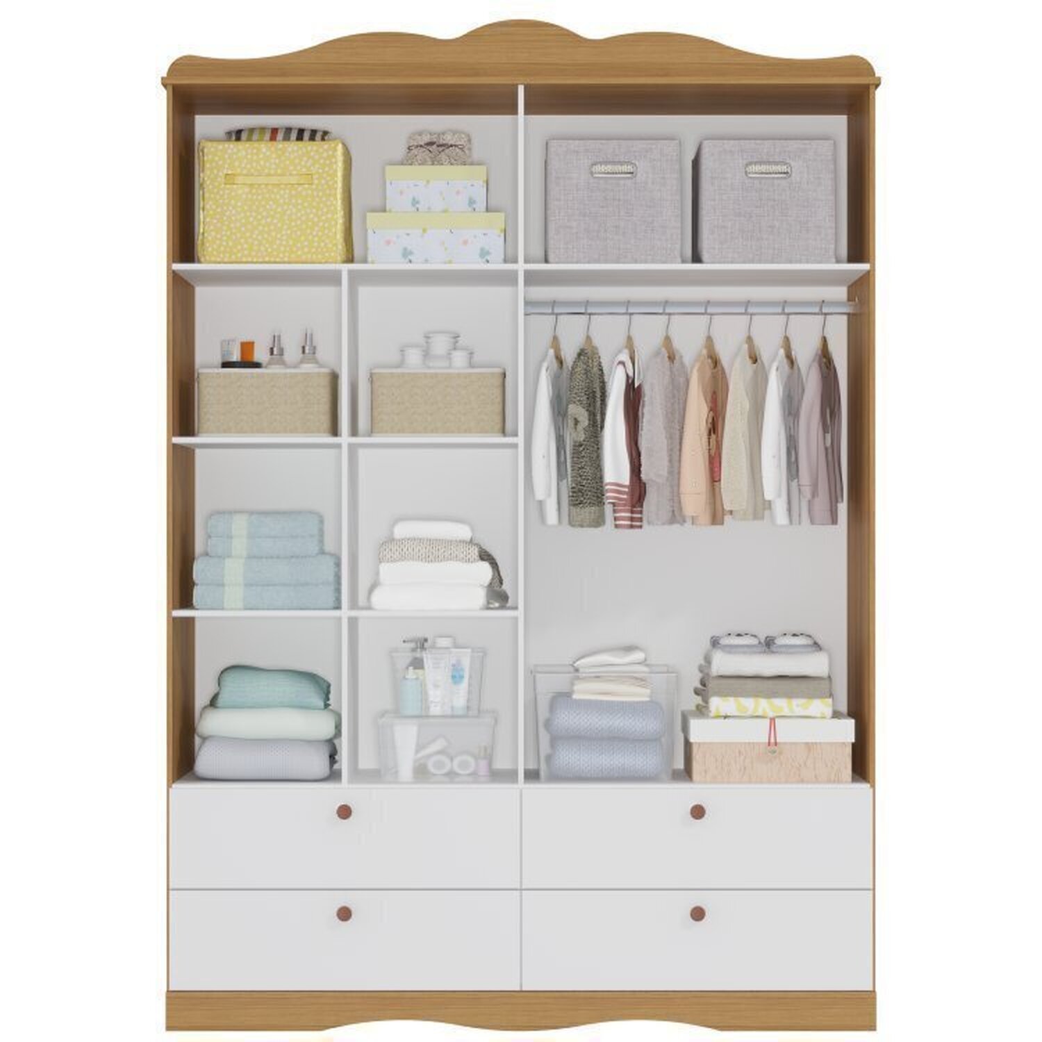 Encontraproduto.com.br - Quarto de Bebê 2 Peças com Berço e Guarda-roupa 4 Portas 4 Gavetas Aquarela Espresso Móveis Nature/Branco