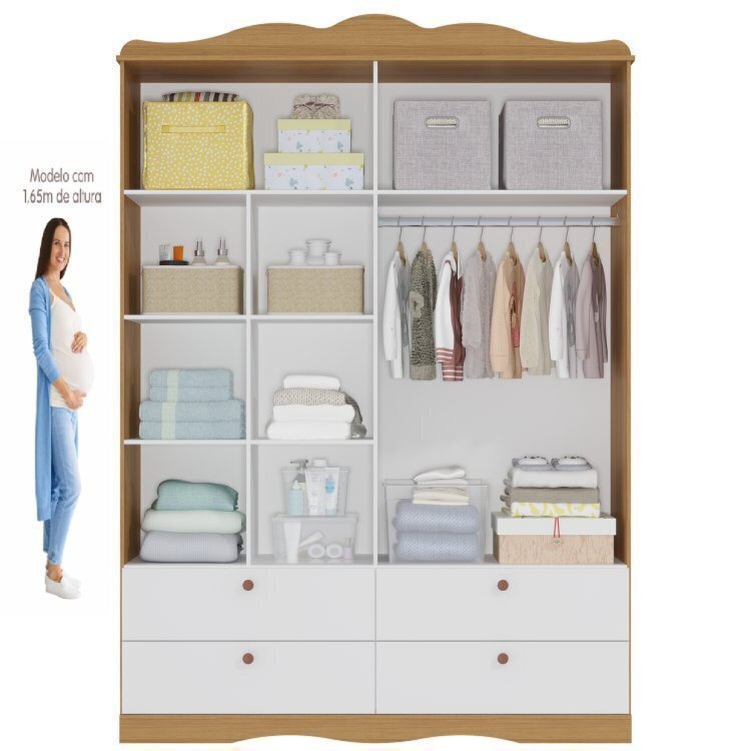 Encontraproduto.com.br - Quarto de Bebê 2 Peças com Berço e Guarda-roupa 4 Portas 4 Gavetas Aquarela Espresso Móveis Nature/Branco