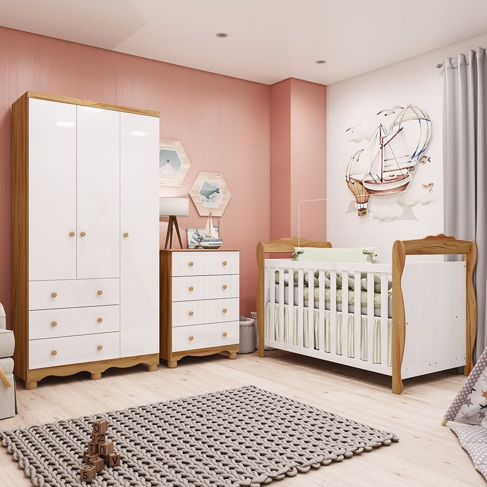 Encontraproduto.com.br - Quarto de Bebê Completo com Guarda-roupa 3 Portas e Cômoda e Berço Nina 100% Mdf Espresso Móveis Branco Brilho/Amêndoa