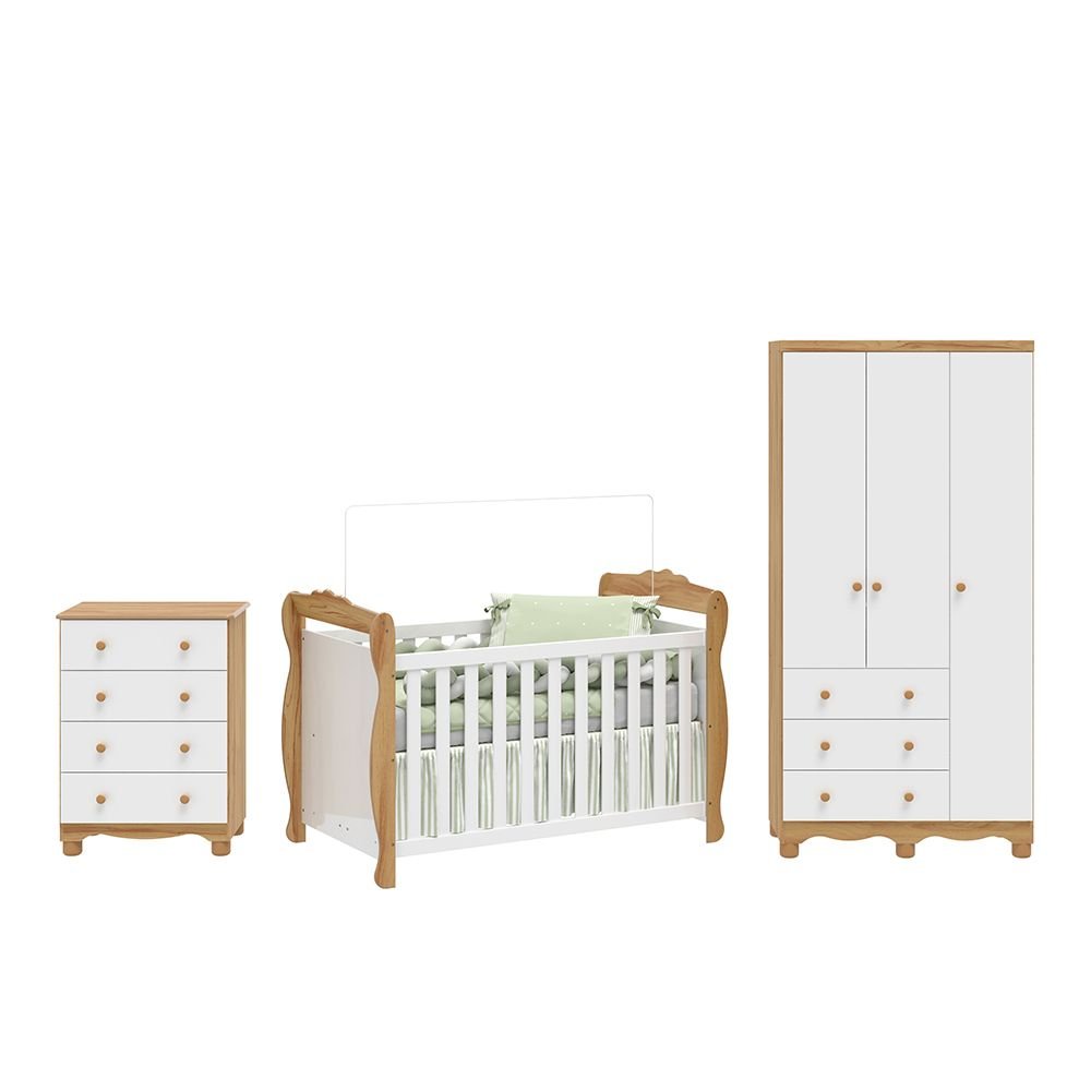 Encontraproduto.com.br - Quarto de Bebê Completo com Guarda-roupa 3 Portas e Cômoda e Berço Nina 100% Mdf Espresso Móveis Branco Brilho/Amêndoa
