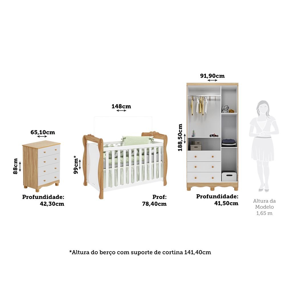 Encontraproduto.com.br - Quarto de Bebê Completo com Guarda-roupa 3 Portas e Cômoda e Berço Nina 100% Mdf Espresso Móveis Branco Brilho/Amêndoa
