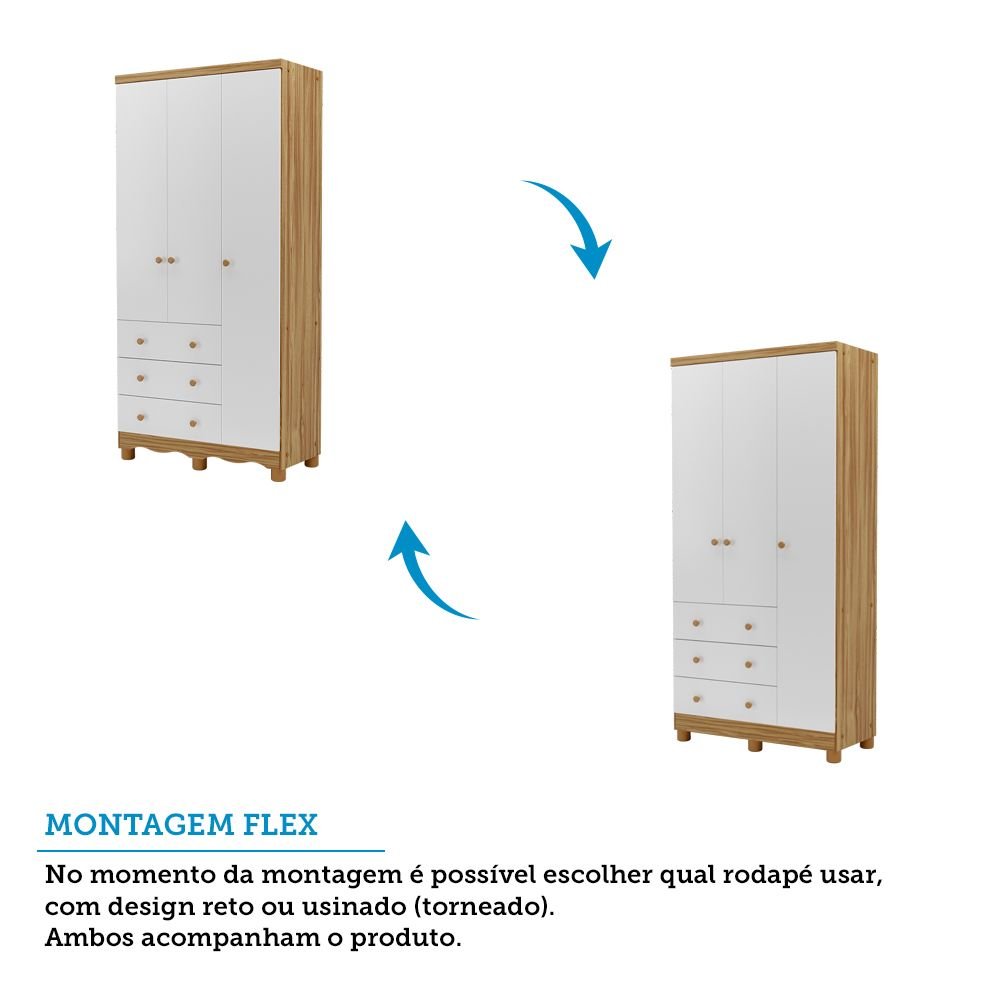 Encontraproduto.com.br - Quarto de Bebê Completo com Guarda-roupa 3 Portas e Cômoda e Berço Nina 100% Mdf Espresso Móveis Branco Brilho/Amêndoa
