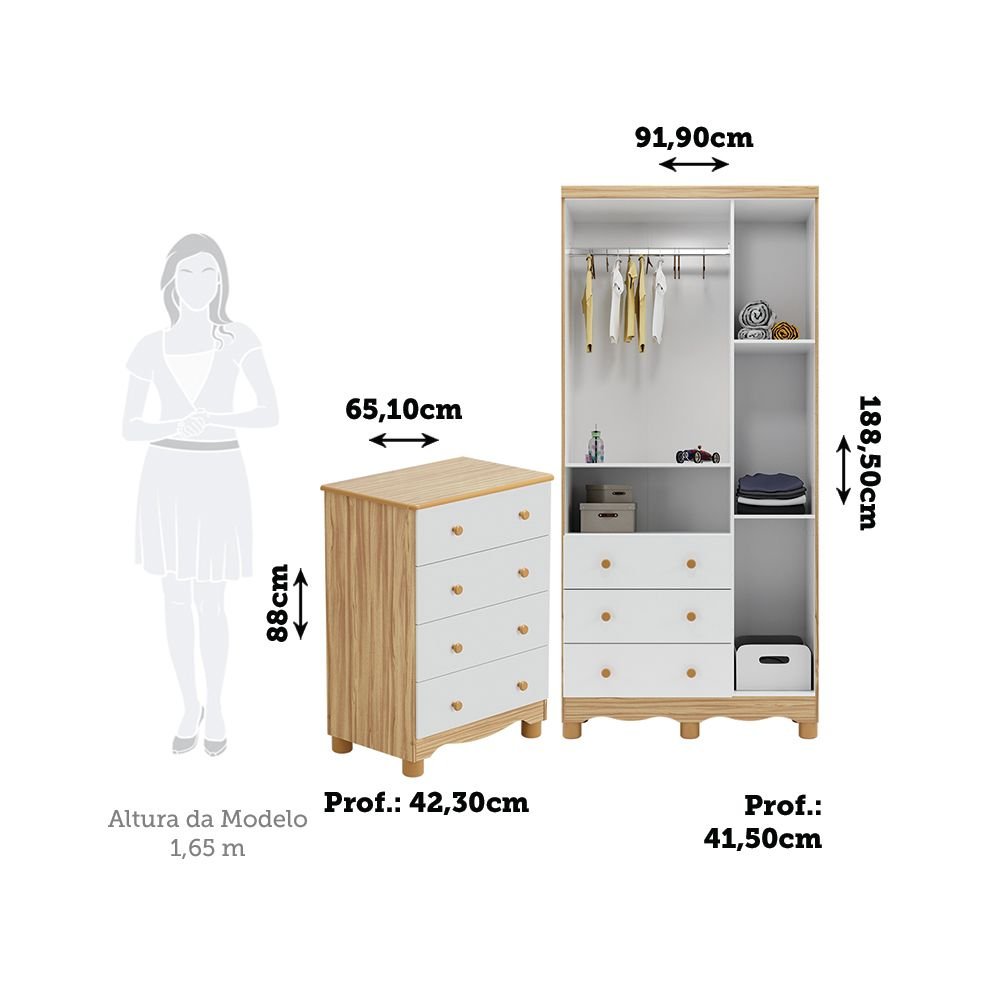 Encontraproduto.com.br - Quarto Infantil com Guarda-Roupa 3 Portas e Cômoda 4 GavetasMimo 100% MDF Espresso Móveis Branco Brilho/Amêndoa