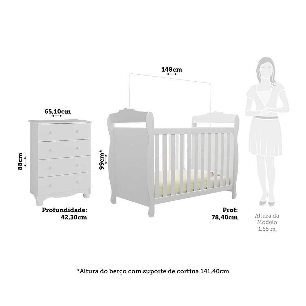 Encontraproduto.com.br - Quarto de Bebê com Cômoda 4 Gavetase Berço Americano Nina 100% Mdf Espresso Móveis Branco Brilho