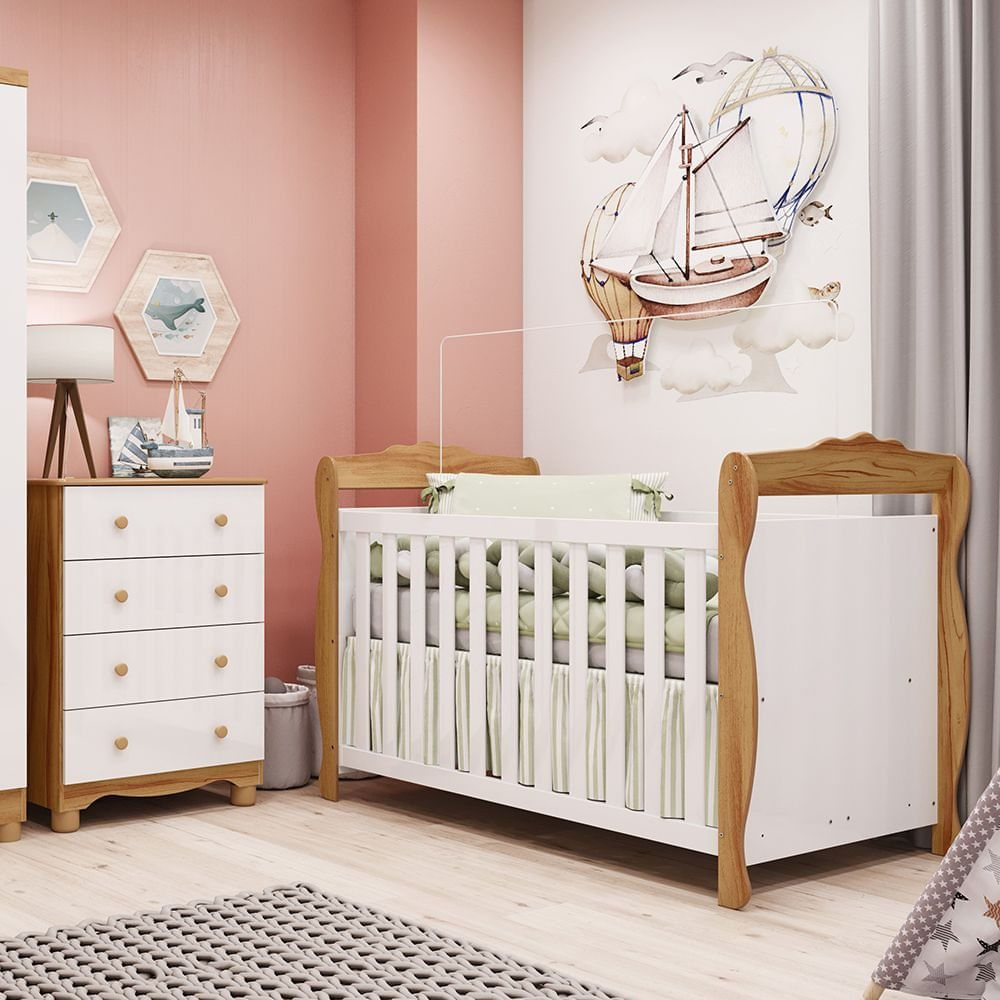 Quarto de Bebê com Cômoda 4 Gavetase Berço Americano Nina 100% Mdf Espresso Móveis Branco Brilho/Amêndoa