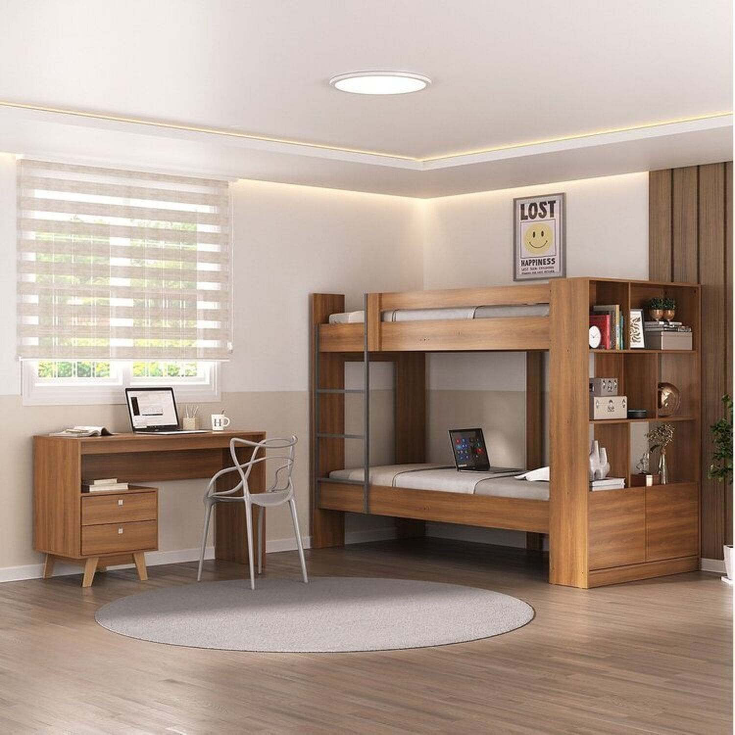 Quarto Juvenil completo Zest com Beliche e Escrivaninha 2 Gavetas Nogal