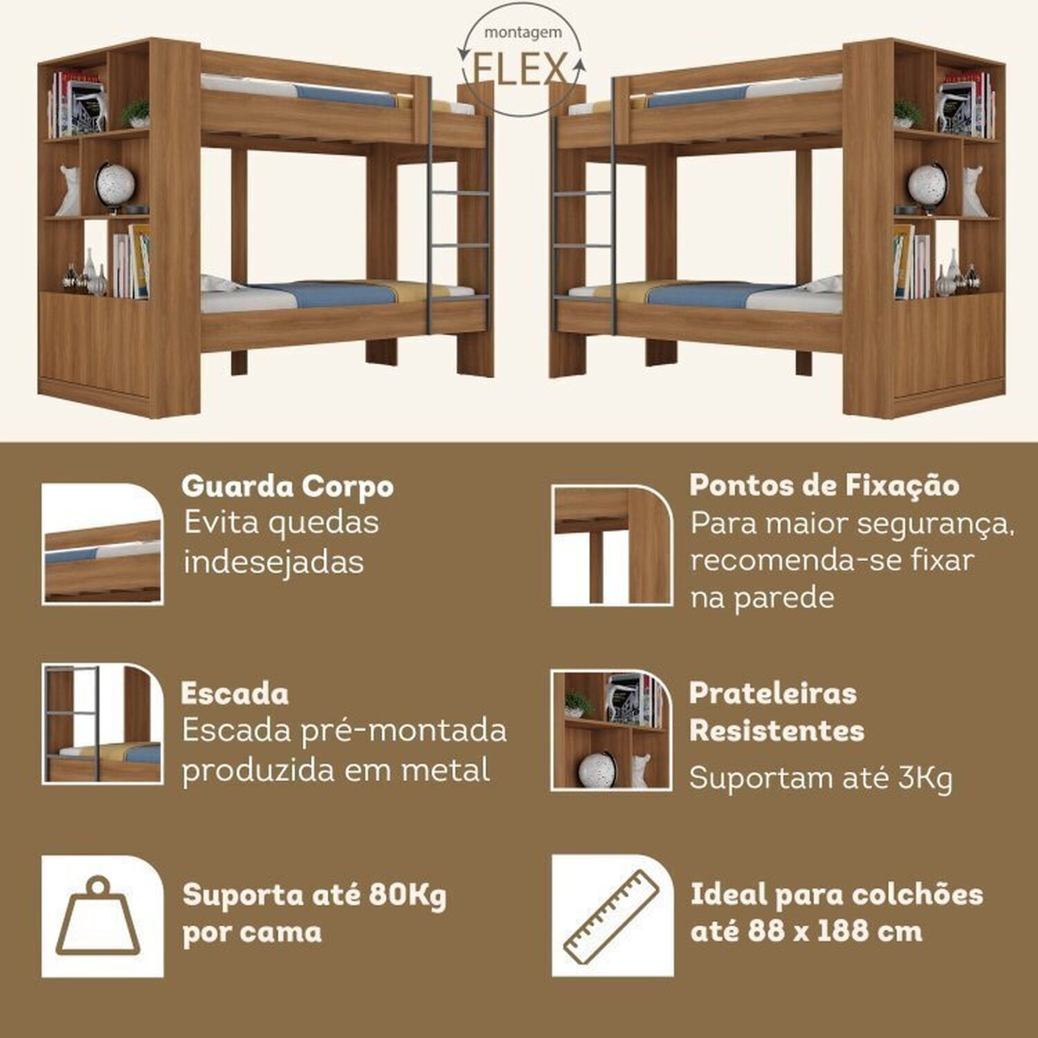 Encontraproduto.com.br - Quarto Juvenil completo Zest com Beliche e Escrivaninha 2 Gavetas Nogal