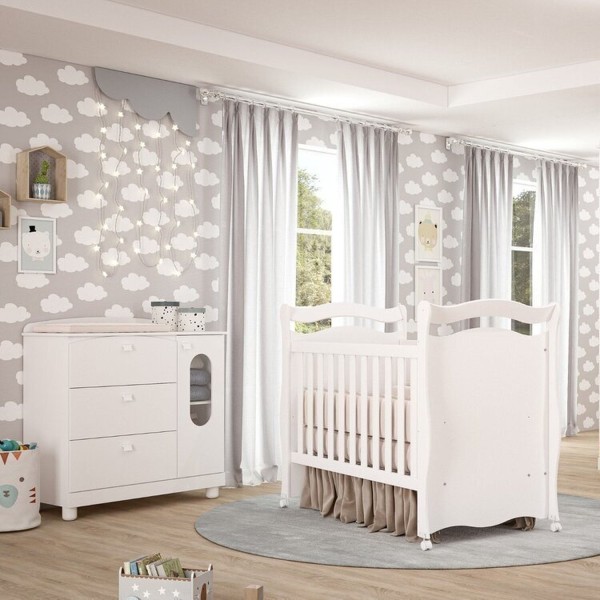 Quarto de Bebê Berço, Cômoda 4 Gavetas 1 Porta Happy Espresso Móveis Branco