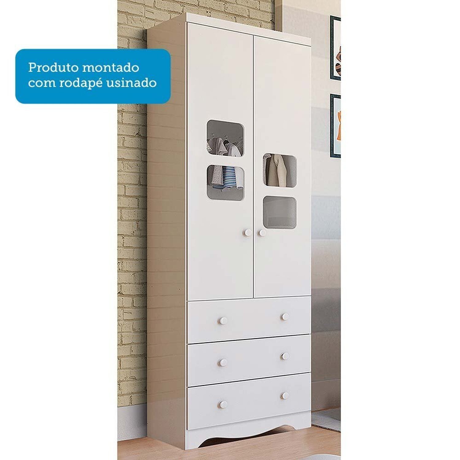 Encontraproduto.com.br - Guarda-roupa Infantil 61,70cm 2 Portas com Janelas e 3 Gavetas sem Pés 100% Mdf Mimo Espresso Móveis Branco