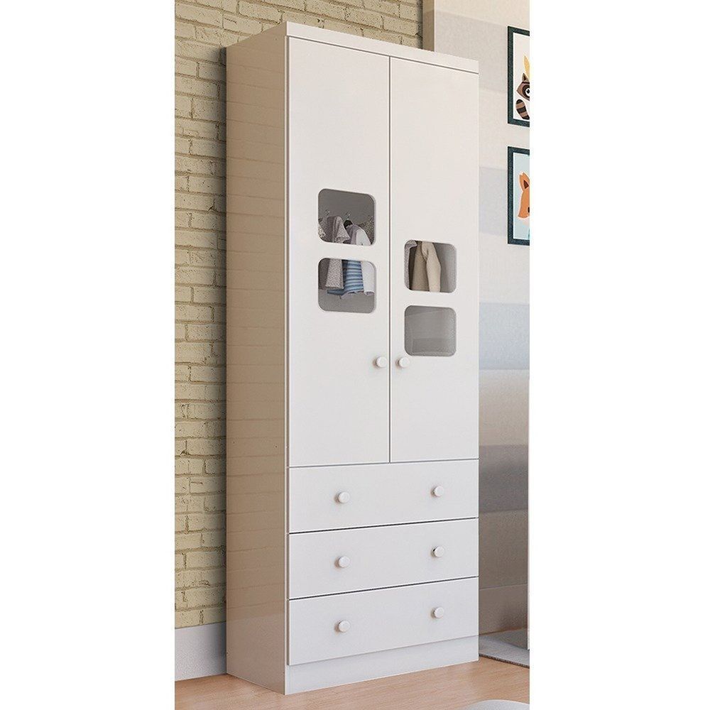Encontraproduto.com.br - Guarda-roupa Infantil 61,70cm 2 Portas com Janelas e 3 Gavetas sem Pés 100% Mdf Mimo Espresso Móveis Branco