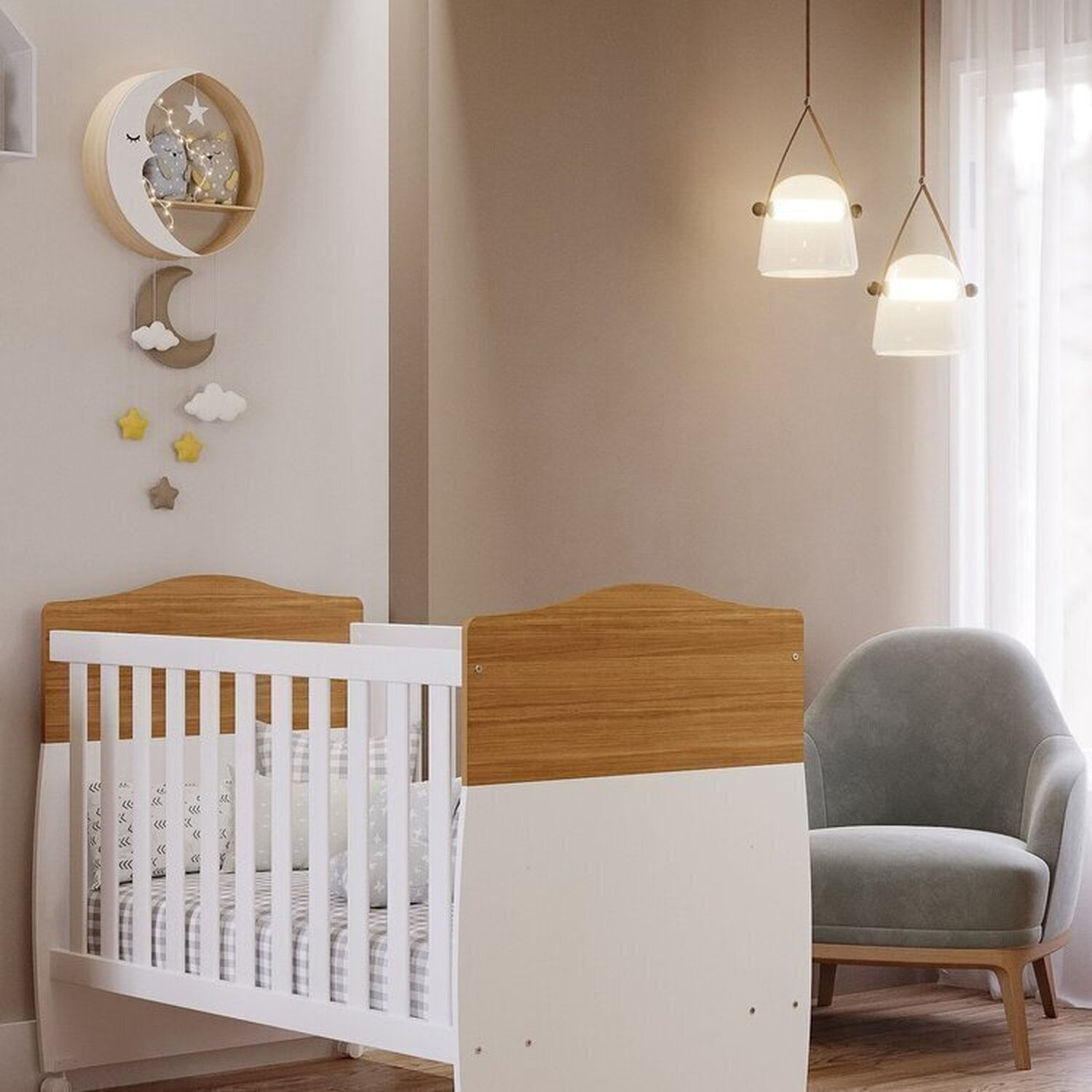 Encontraproduto.com.br - Quarto de Bebê Berço, Cômoda 4 Gavetas, Guarda-roupa 4 Portas 3 Gavetas Soninho Espresso Móveis Nature/Branco