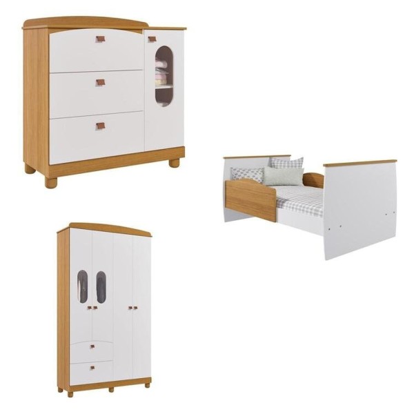 Quarto de Bebê Berço, Cômoda 4 Gavetas 1 Porta, Guarda-roupa 4 Pts 2 Gavetas Happy Espresso Móveis Nature/Branco