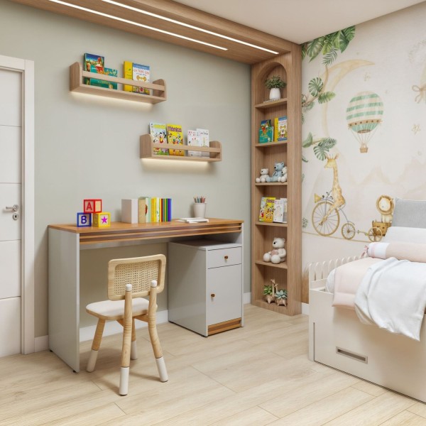Encontraproduto.com.br - Mesa de Estudos Infantil 1 Porta 1 Gaveta Dylan Off White/Naturalle