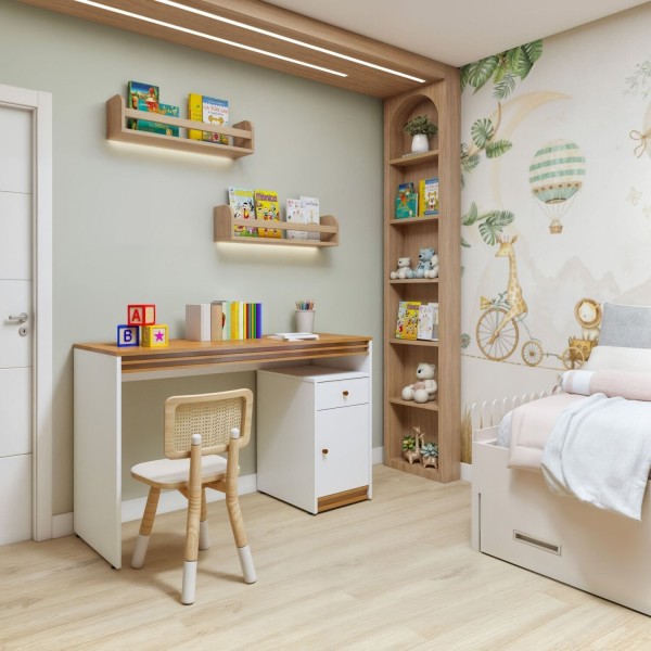 Encontraproduto.com.br - Mesa de Estudos Infantil 1 Porta 1 Gaveta Dylan Branco/Naturalle