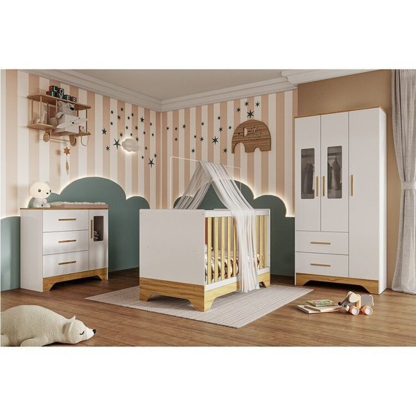 Encontraproduto.com.br - Quarto de Bebê Completo Guarda-roupa e Cômoda com Janelas e Berço 100% Mdf Liam Espresso Móveis Branco Brilho/Amêndoa