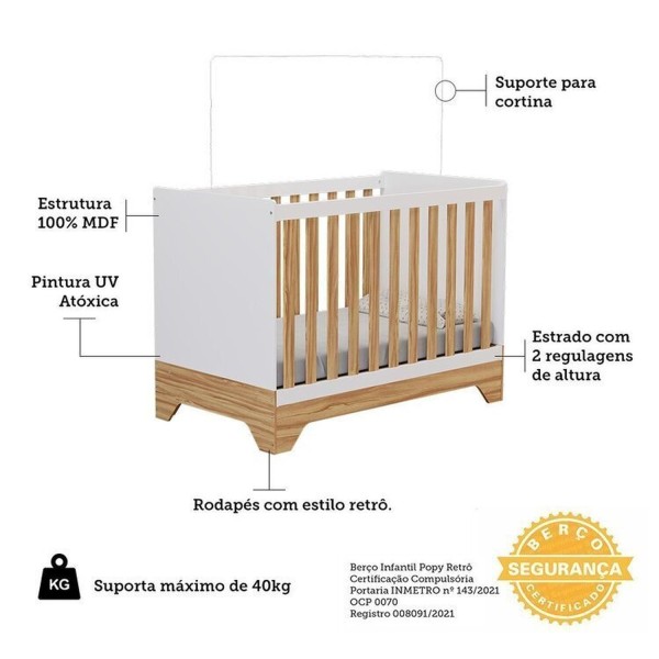 Encontraproduto.com.br - Quarto de Bebê Completo Guarda-roupa e Cômoda e Berço Minicama 100% Mdf Liam Espresso Móveis Branco Brilho/Amêndoa