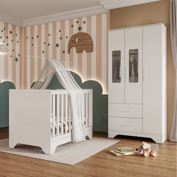Quarto de Bebê Guarda-roupa com Janelas e Berço Minicama 100% Mdf Liam Espresso Móveis Branco Brilho