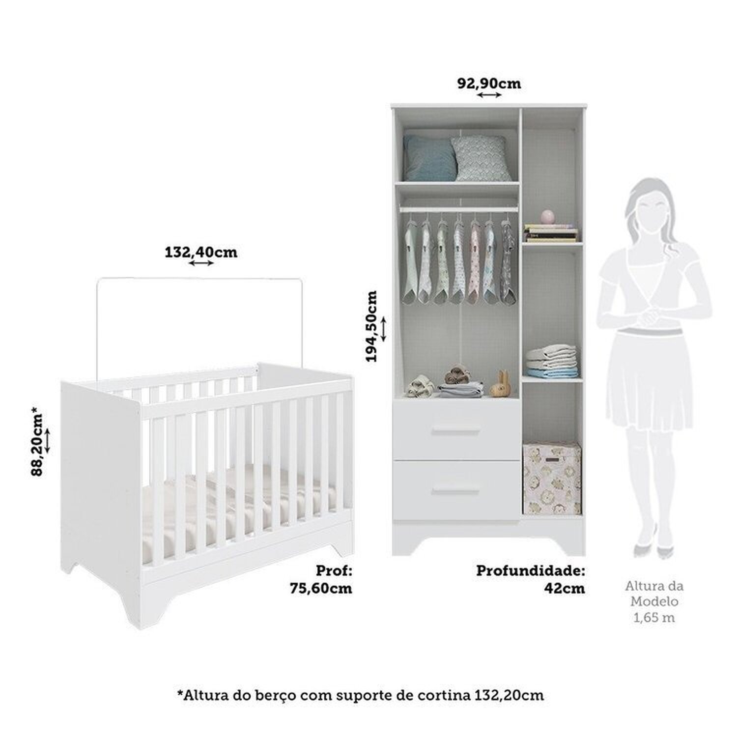 Encontraproduto.com.br - Quarto de Bebê Guarda-roupa com Janelas e Berço Minicama 100% Mdf Liam Espresso Móveis Branco Brilho
