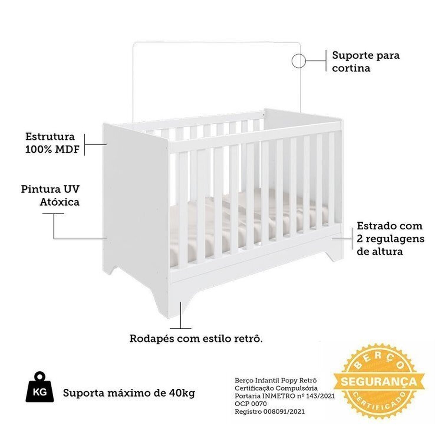 Encontraproduto.com.br - Quarto de Bebê Guarda-roupa com Janelas e Berço Minicama 100% Mdf Liam Espresso Móveis Branco Brilho