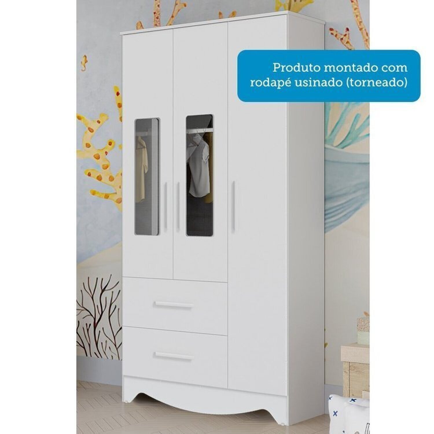Encontraproduto.com.br - Quarto de Bebê Guarda-roupa com Janelas e Berço Minicama 100% Mdf Liam Espresso Móveis Branco Brilho