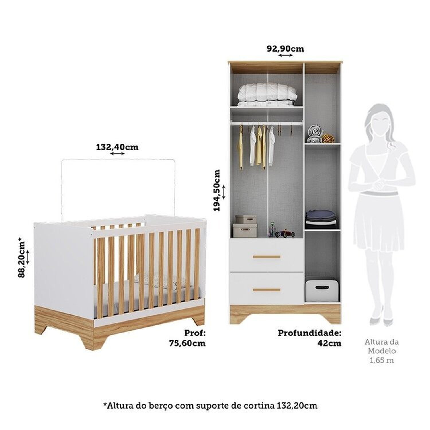 Encontraproduto.com.br - Quarto de Bebê com Guarda-roupa e Berço Minicama 100% Mdf Liam Espresso Móveis Branco Brilho/Amêndoa