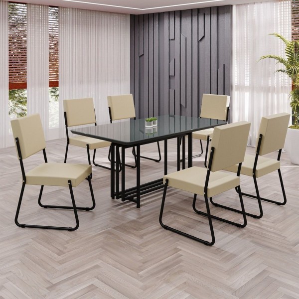 Encontraproduto.com.br - Conjunto Sala De Jantar Mesa 160x90cm Base Pérola Tampo Mdf Laca Com Vidro Napoli Creme - Preto