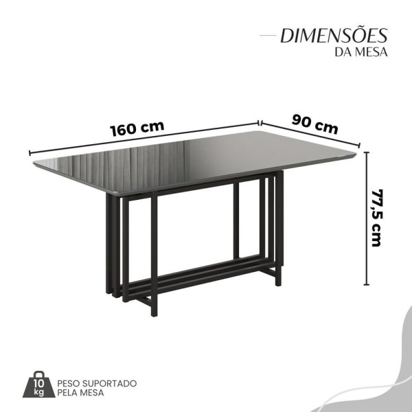 Encontraproduto.com.br - Conjunto Sala De Jantar Mesa 160x90cm Base Pérola Tampo Mdf Laca Com Vidro Napoli Creme - Preto