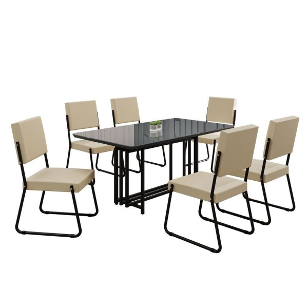 Encontraproduto.com.br - Conjunto Sala De Jantar Mesa 160x90cm Base Pérola Tampo Mdf Laca Com Vidro Napoli Creme - Preto