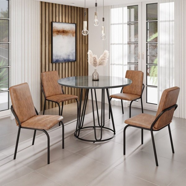 Encontraproduto.com.br - Conjunto Sala De Jantar Mesa Redonda 100cm Base Omega Tampo Mdf Laca Com Vidro Malibu Marrom - Preto