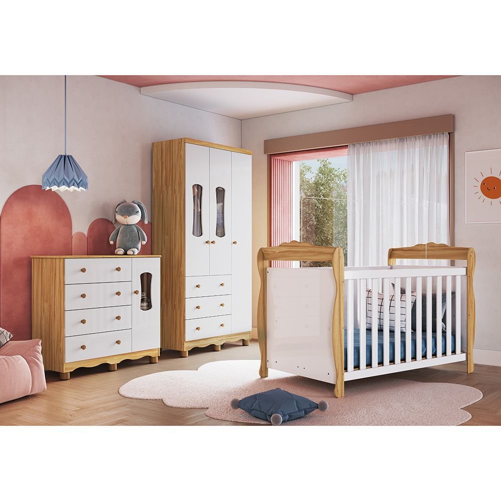 Quarto de Bebê Completo Guarda-roupa Cômoda com Janelas e Berço 100% Mdf Aurora Espresso Móveis Branco Brilho/Amêndoa