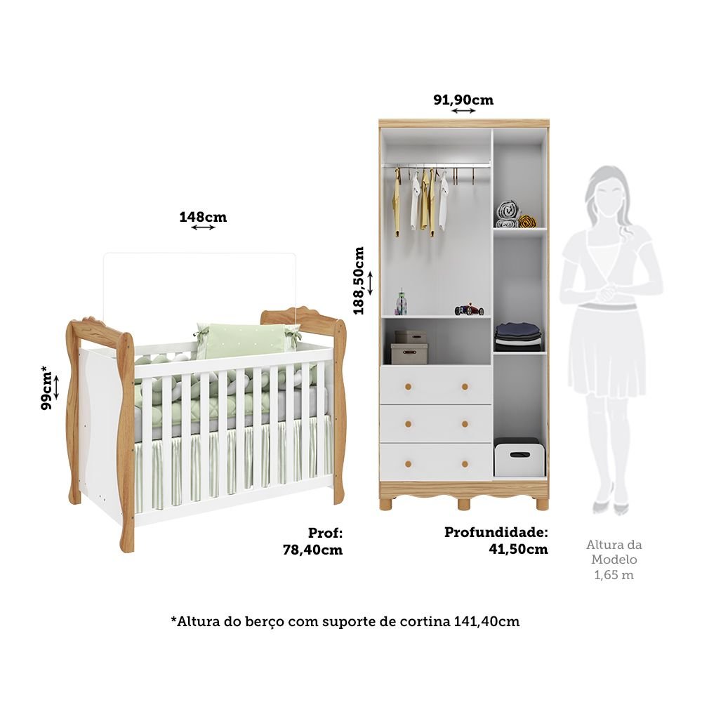 Encontraproduto.com.br - Quarto de Bebê Guarda-roupa 3 Portas com Janelas e Berço Minicama 100% Mdf Aurora Espresso Móveis Branco Brilho/Amêndoa