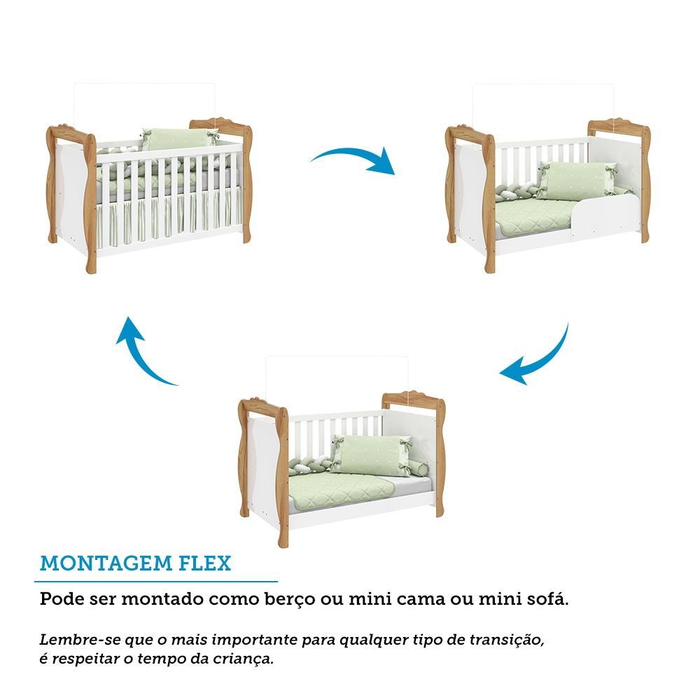 Encontraproduto.com.br - Quarto de Bebê Guarda-roupa 3 Portas com Janelas e Berço Minicama 100% Mdf Aurora Espresso Móveis Branco Brilho/Amêndoa